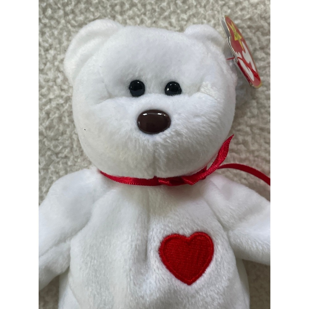 Ty Valentino Beanie Baby 1994 White Bear Plush Red Heart Ribbon Vintage - Picture 1 of 10